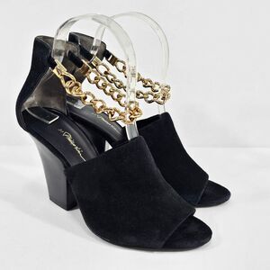 3•1 Philip Lim Black Suede Gold Ankle Chain Strap Open Toe Block Heel Sandals